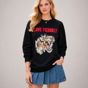 ELL & EMM Black Love Fiercely Tiger Graphic Pullover Sweatshirt SZ XL Y2K Edgy